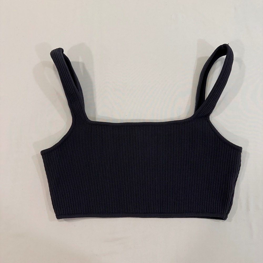 Kendall & Kylie Ribbed Knit Crop Top Womens XS Dark Gray Square Neck Minimalist